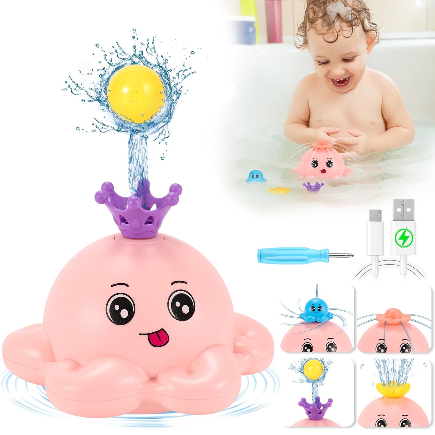Octopus Bath Toys Rechargeable Kids With 4 Modes-Pink - Gigilli