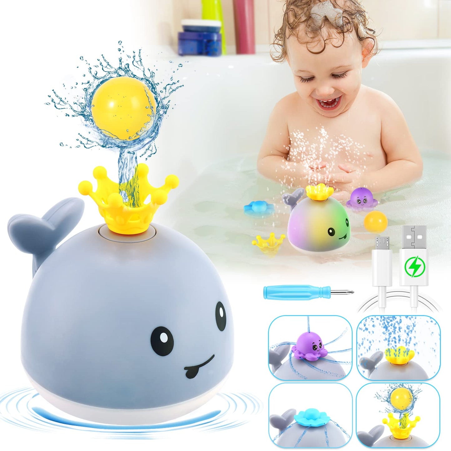 Whale Bath Toys Rechargeable With 4 Modes-Grey - Gigilli