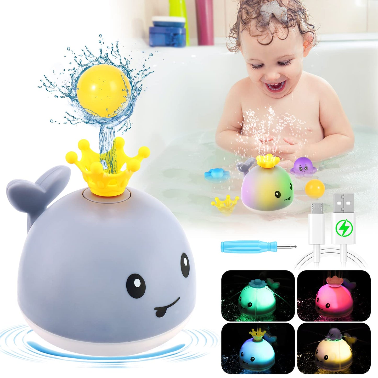 Whale Bath Toys Rechargeable With 4 Modes-Grey - Gigilli