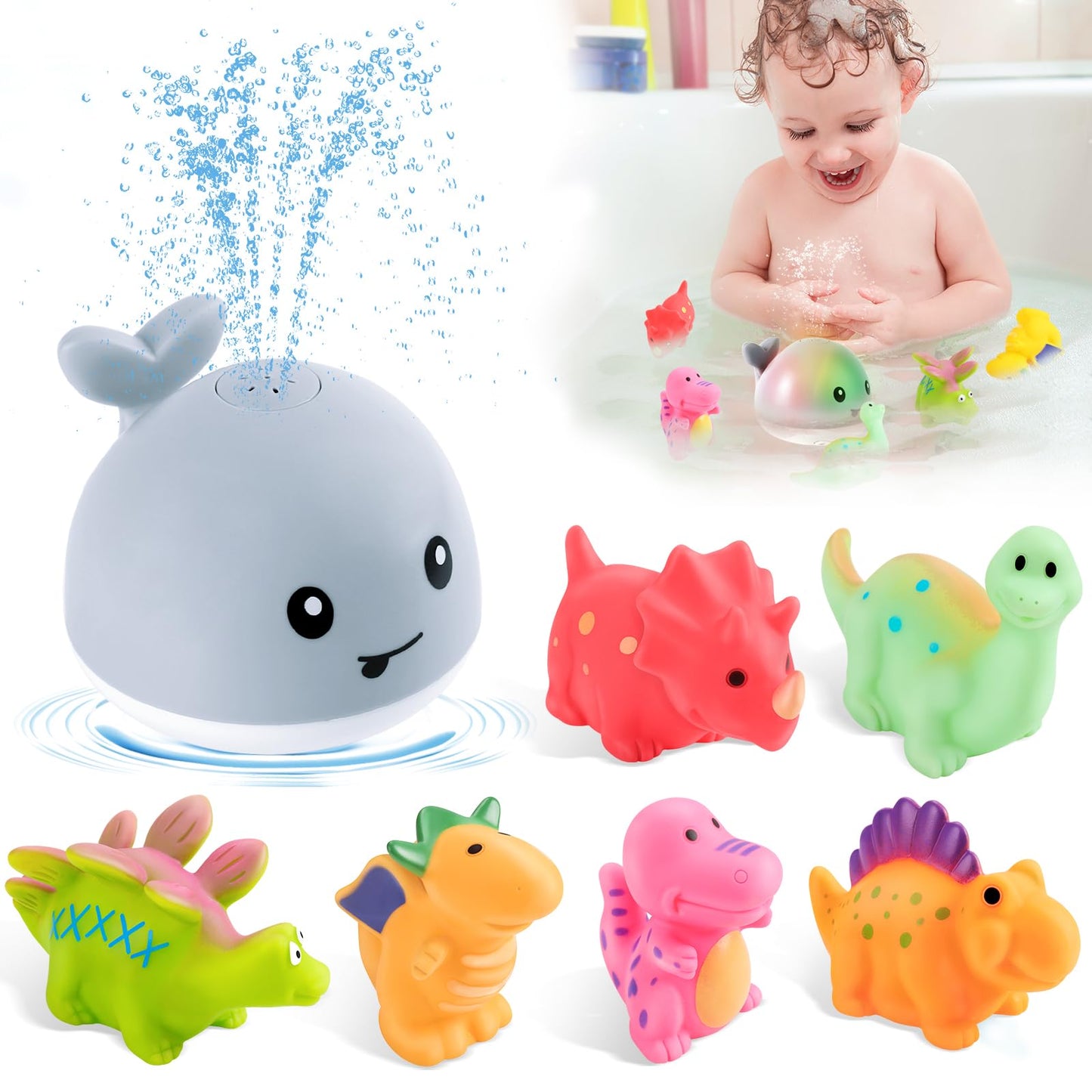 Whale Bath Toy Rechargeable with Dinosaur Bath Toys-White - Gigilli